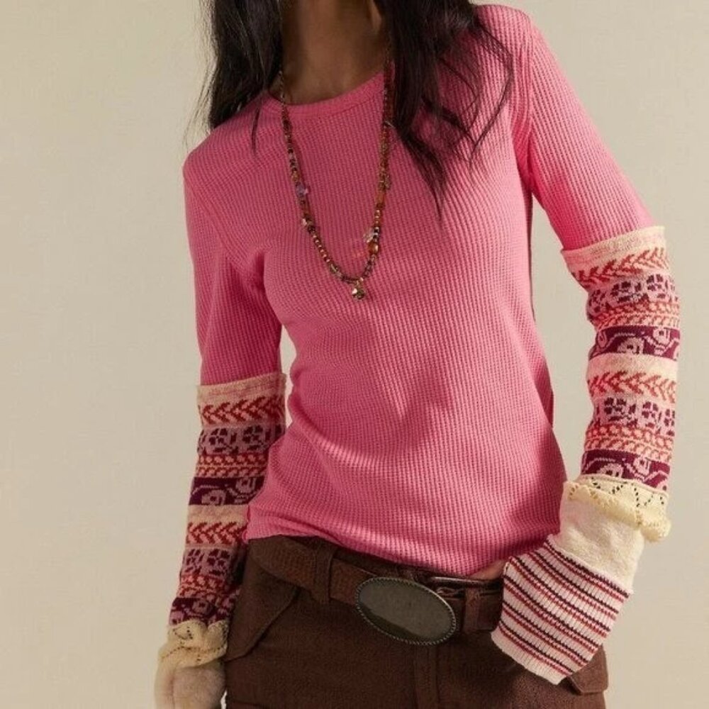 NWOT Free People All in Cuff Boho Waffle Thermal Long Sleeve Tee Blush Pink XS